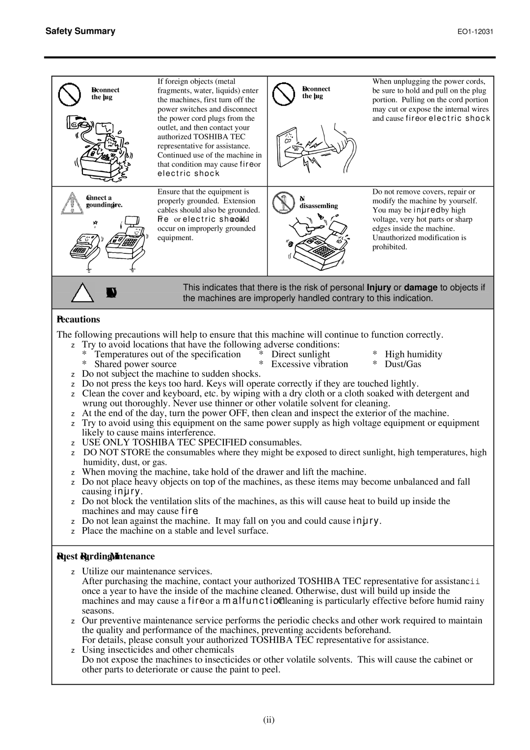 Toshiba ST-71 owner manual Precautions, Request Regarding Maintenance 