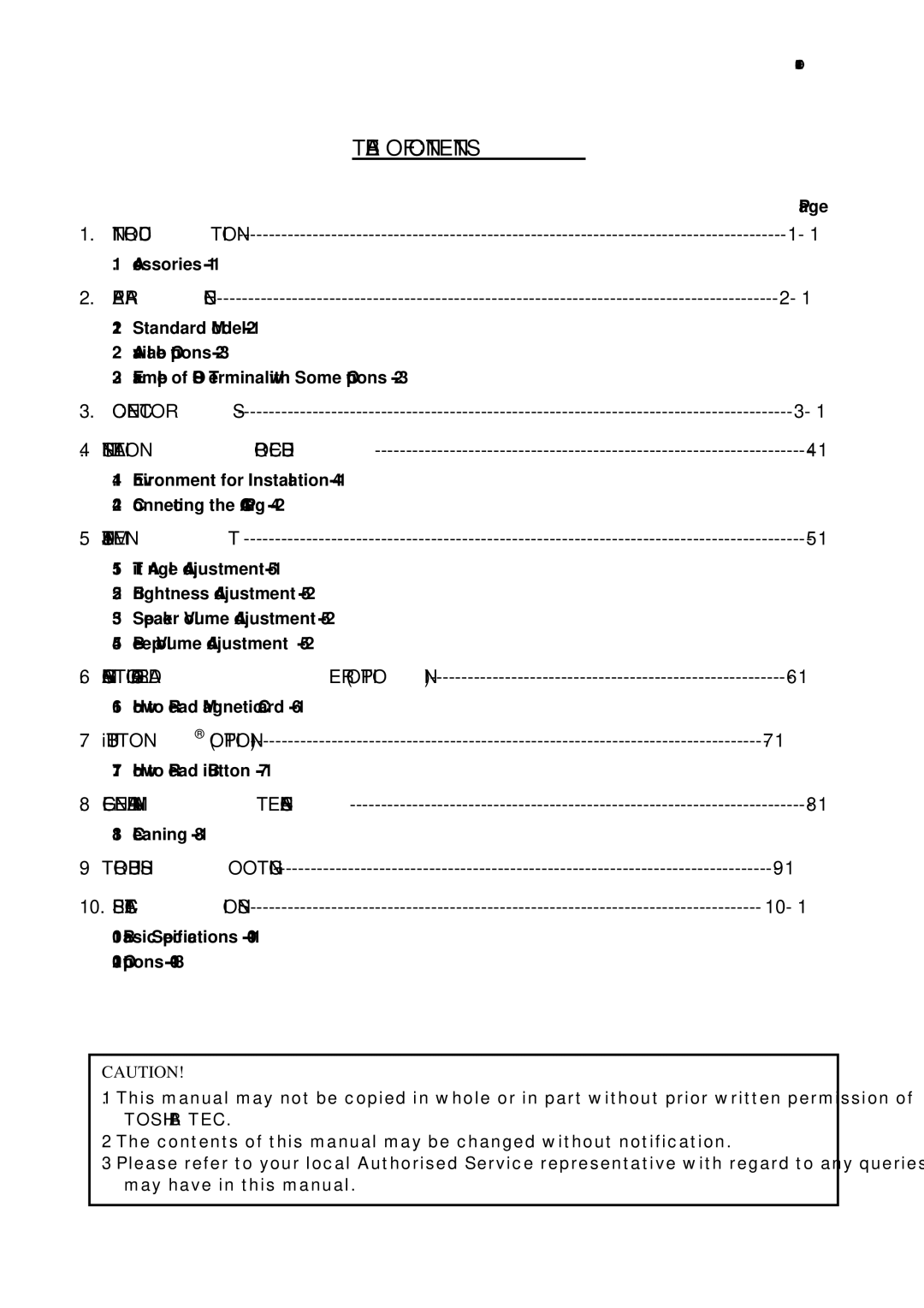 Toshiba ST-71 owner manual Table of Contents 