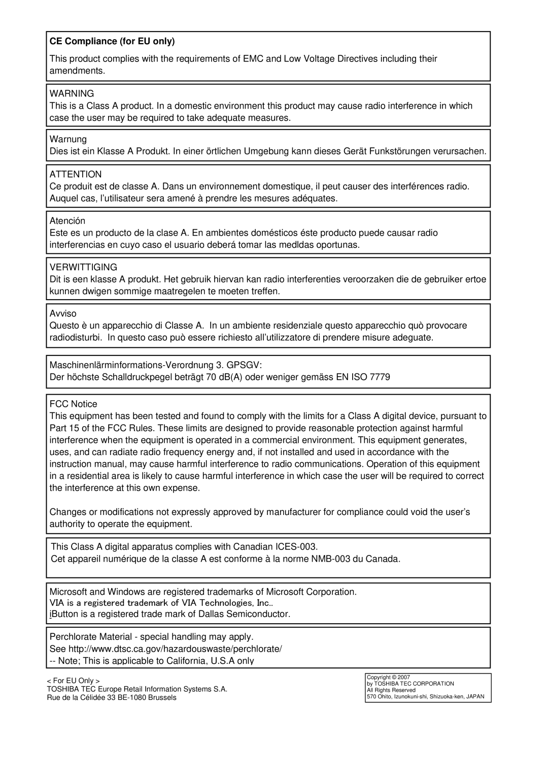 Toshiba ST-A10 owner manual CE Compliance for EU only, Verwittiging 