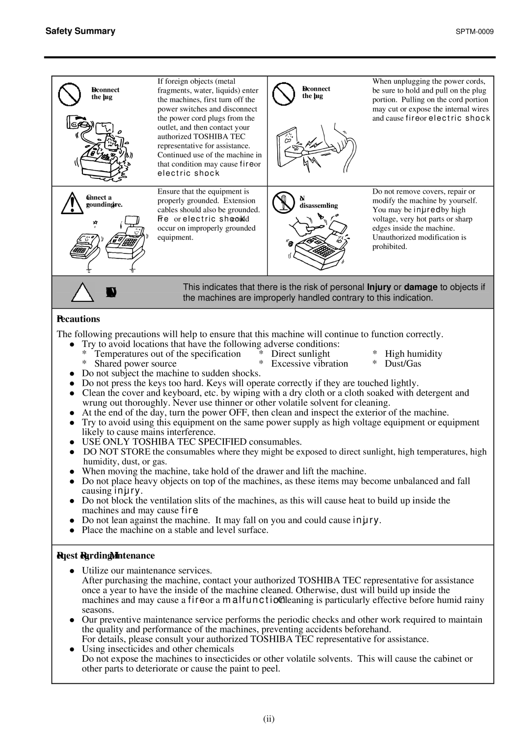 Toshiba ST-A10 owner manual Precautions, Request Regarding Maintenance 