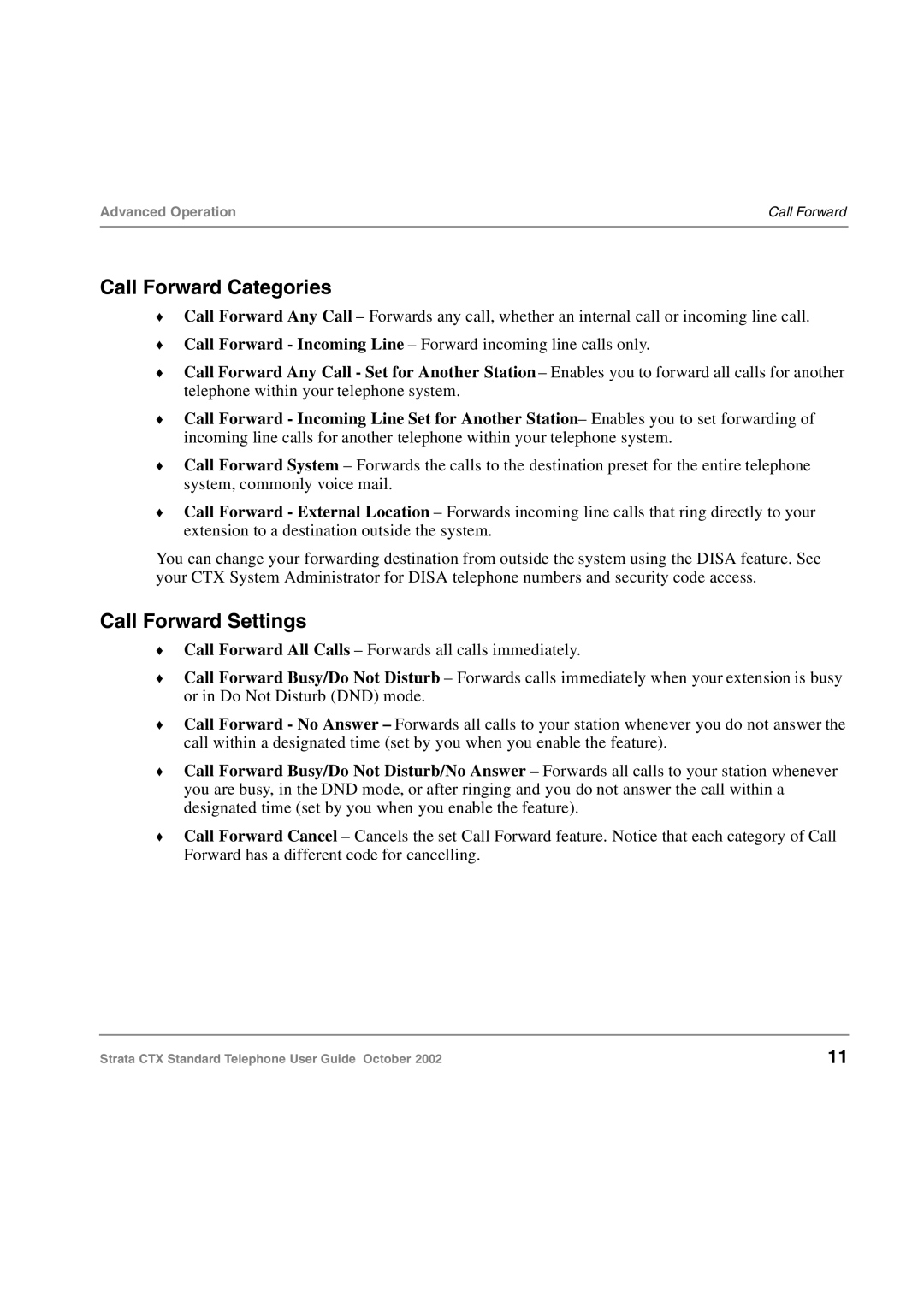 Toshiba Standard Telephone manual Call Forward Categories, Call Forward Settings 