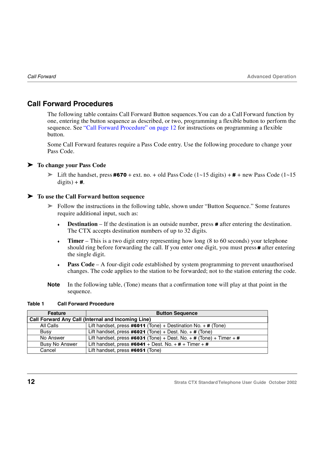 Toshiba Standard Telephone Call Forward Procedures, To change your Pass Code, To use the Call Forward button sequence 