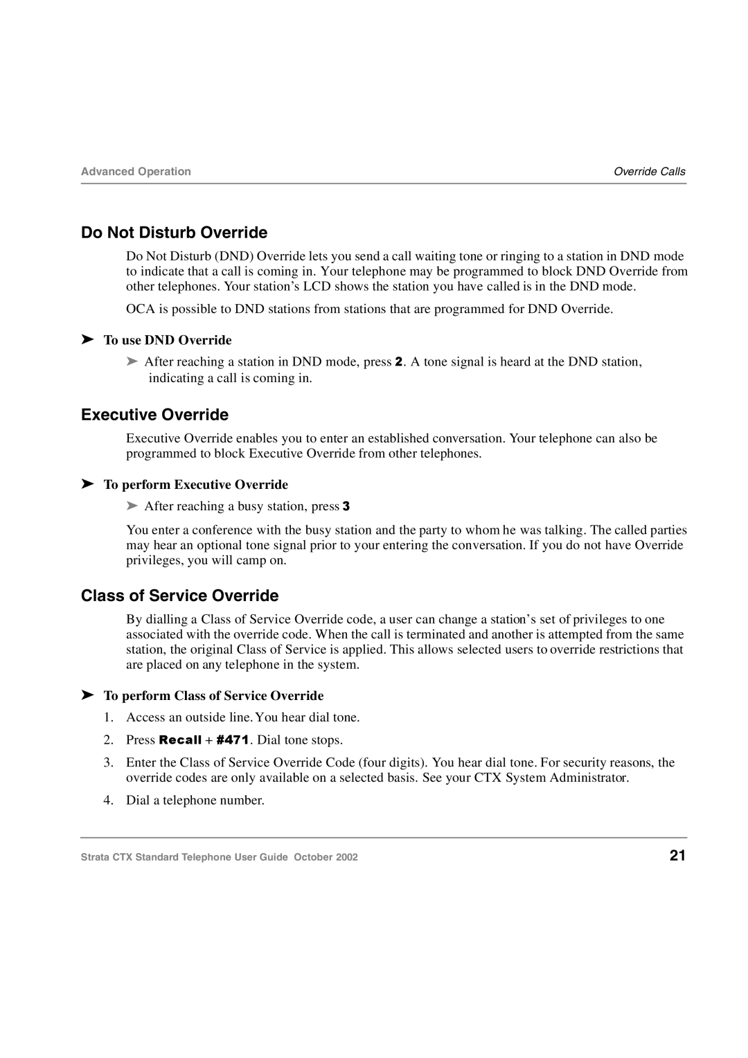 Toshiba Standard Telephone manual Do Not Disturb Override, To use DND Override, To perform Executive Override 