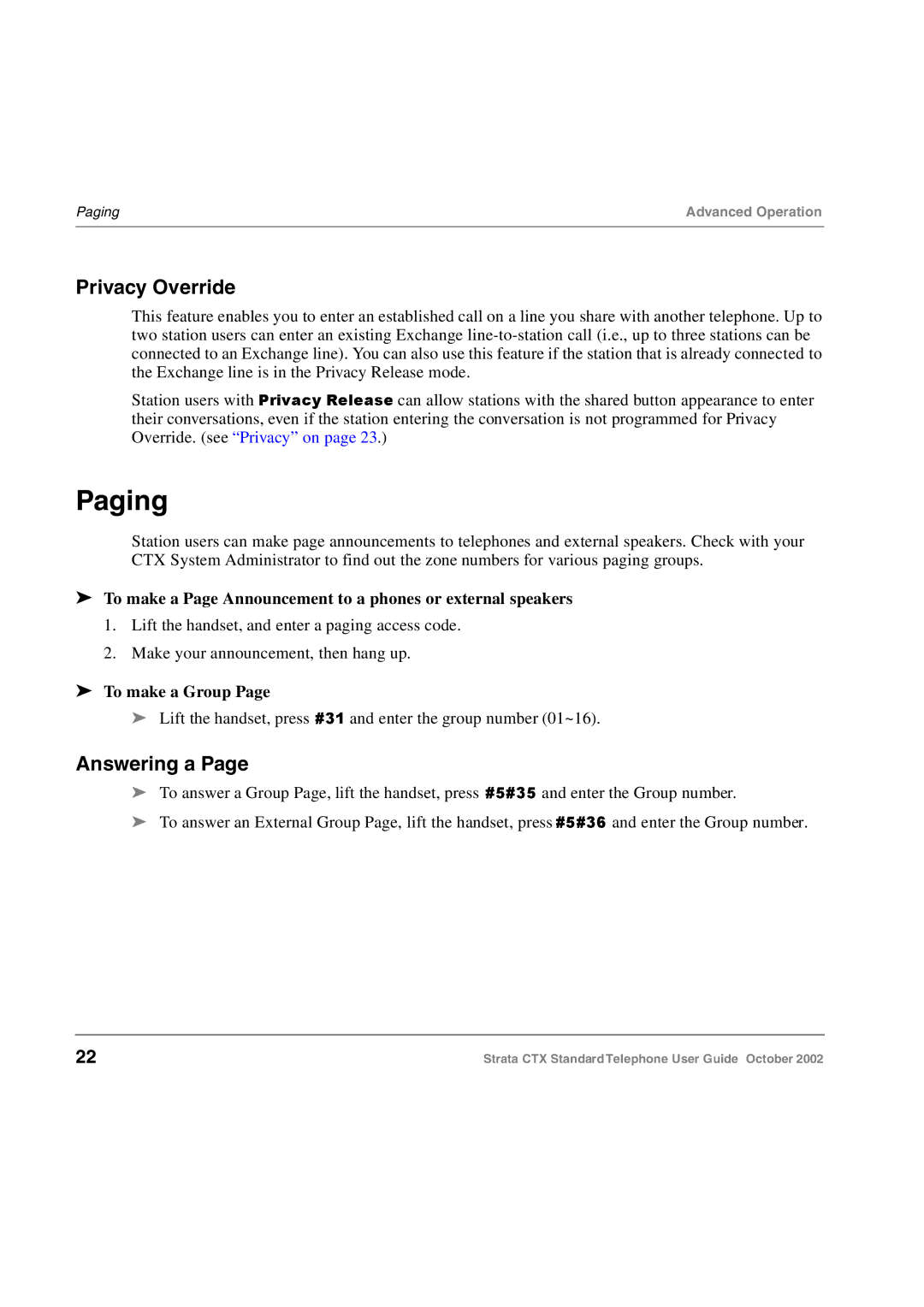 Toshiba Standard Telephone manual Paging, Privacy Override, To make a Page Announcement to phones or external speakers 