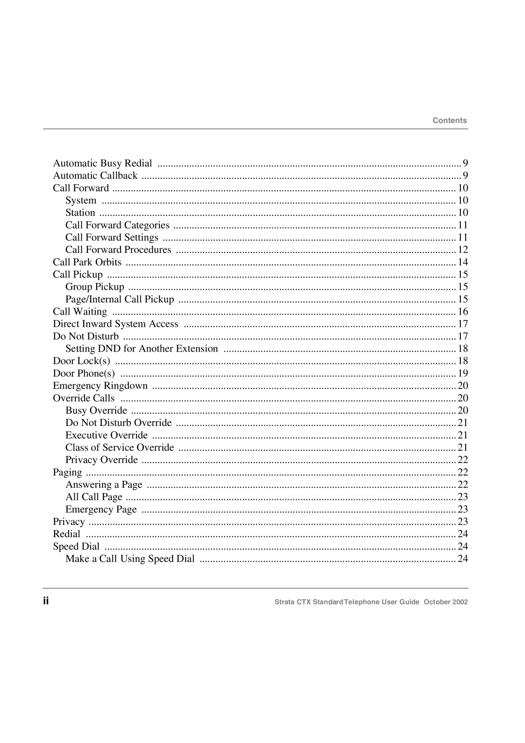 Toshiba Standard Telephone manual Contents 