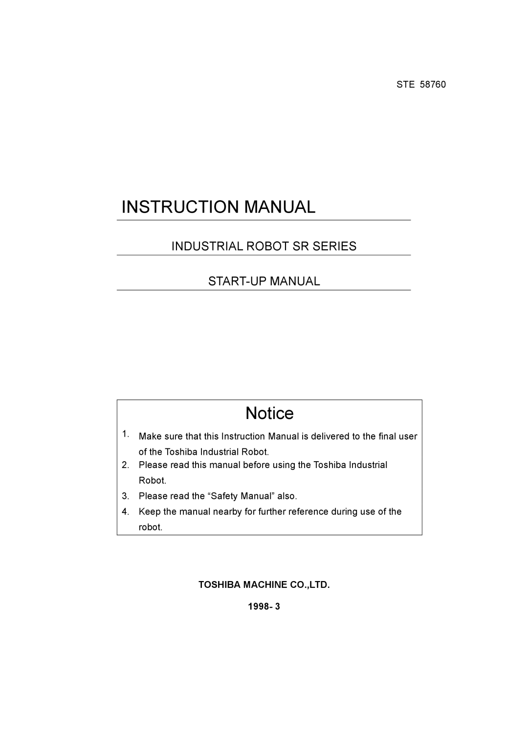 Toshiba STE 58760 instruction manual Industrial Robot SR Series START-UP Manual 