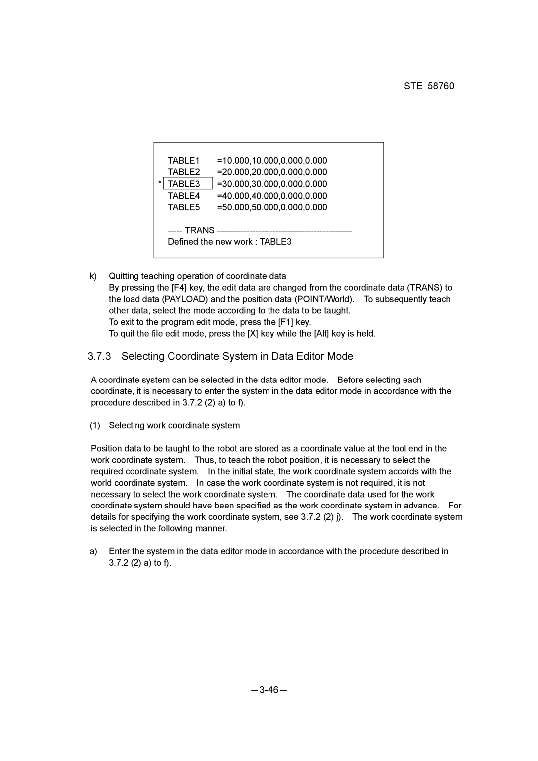 Toshiba STE 58760 instruction manual Selecting Coordinate System in Data Editor Mode 