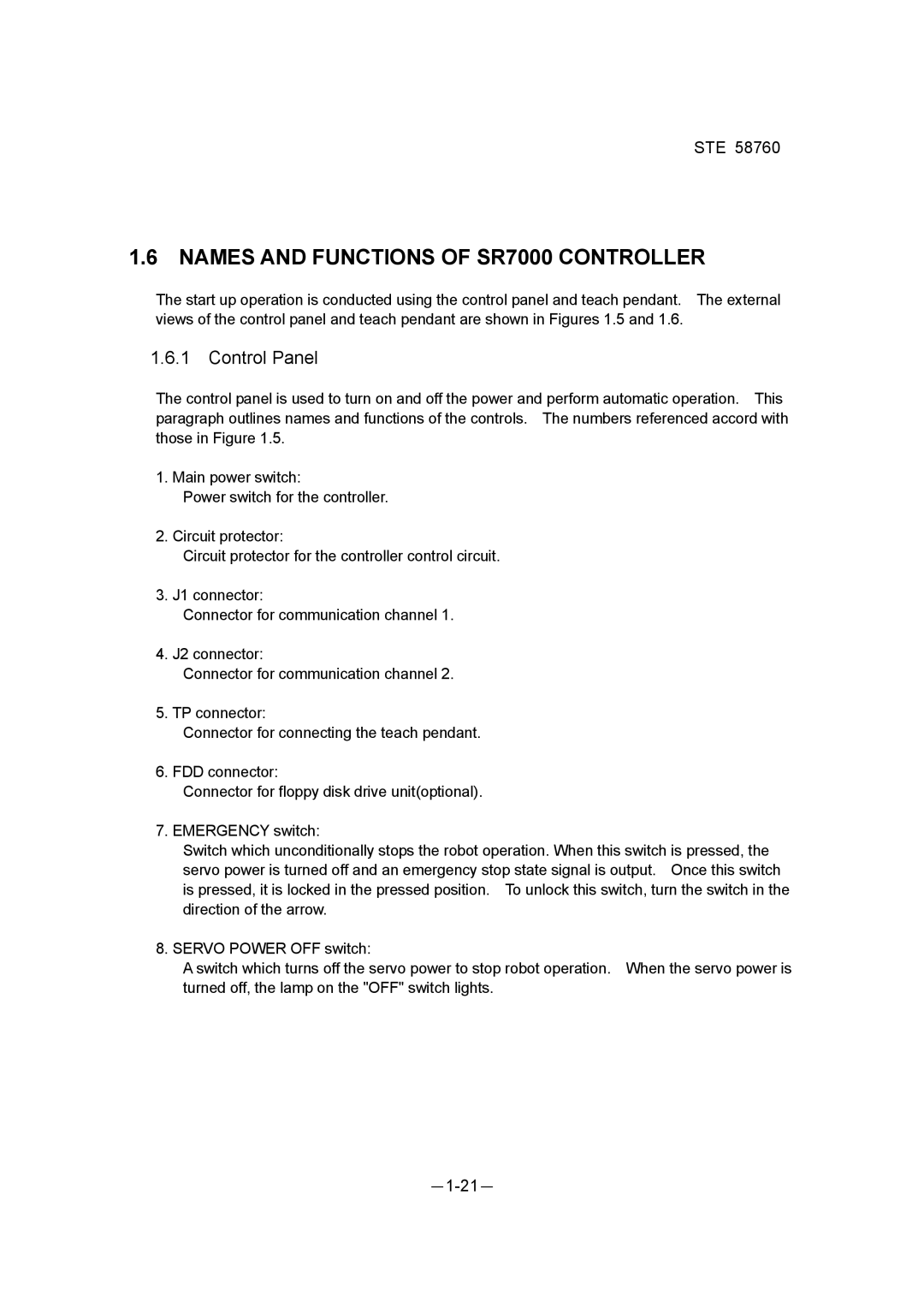 Toshiba STE 58760 instruction manual Names and Functions of SR7000 Controller, Control Panel 