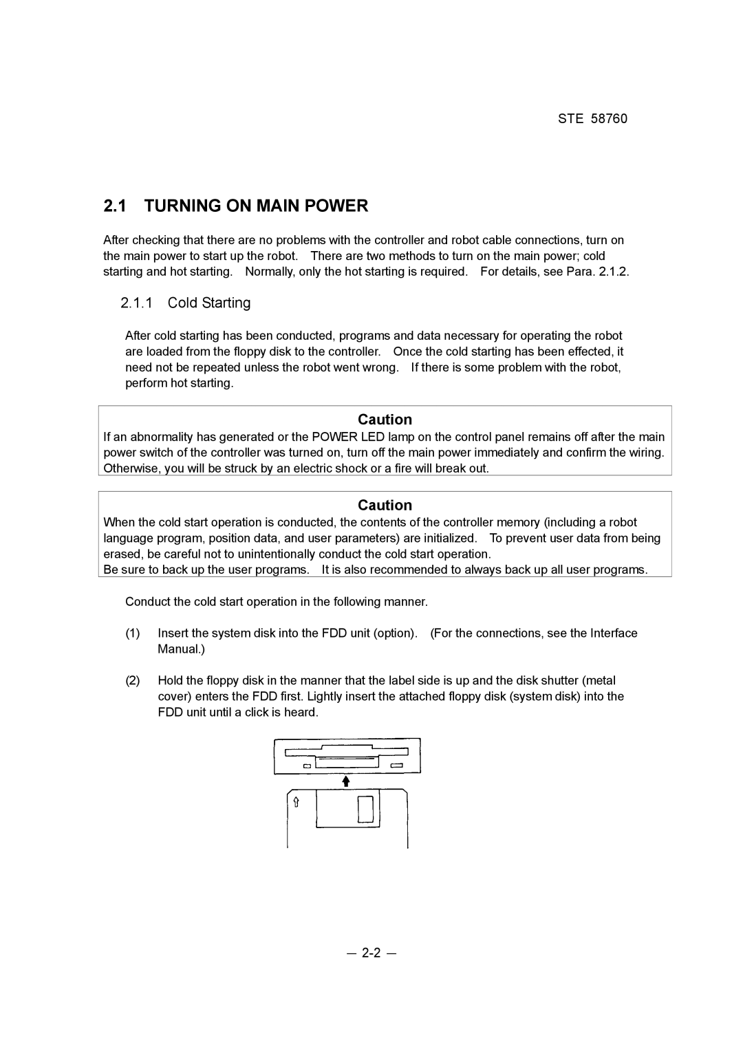 Toshiba STE 58760 instruction manual Turning on Main Power, Cold Starting 