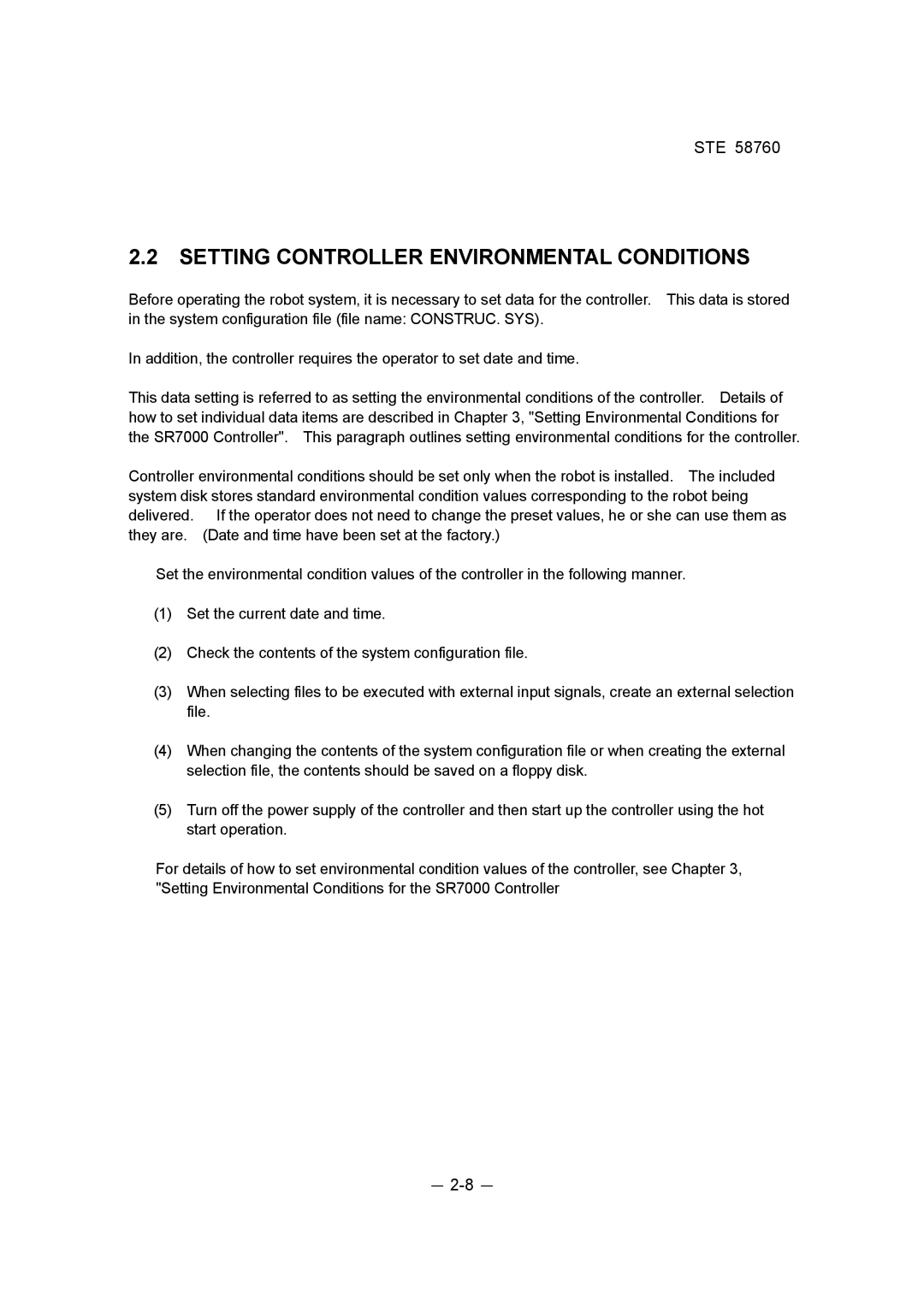 Toshiba STE 58760 instruction manual Setting Controller Environmental Conditions 