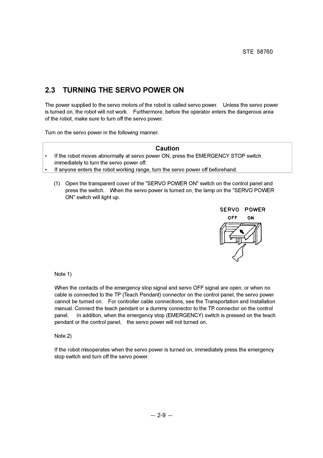 Toshiba STE 58760 instruction manual Turning the Servo Power on 