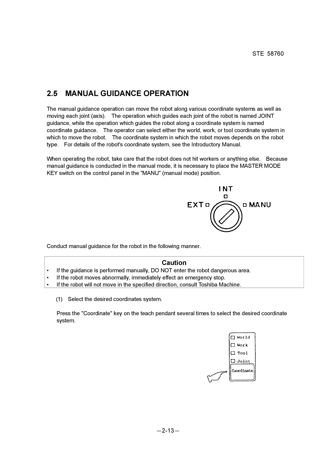 Toshiba STE 58760 instruction manual Manual Guidance Operation 