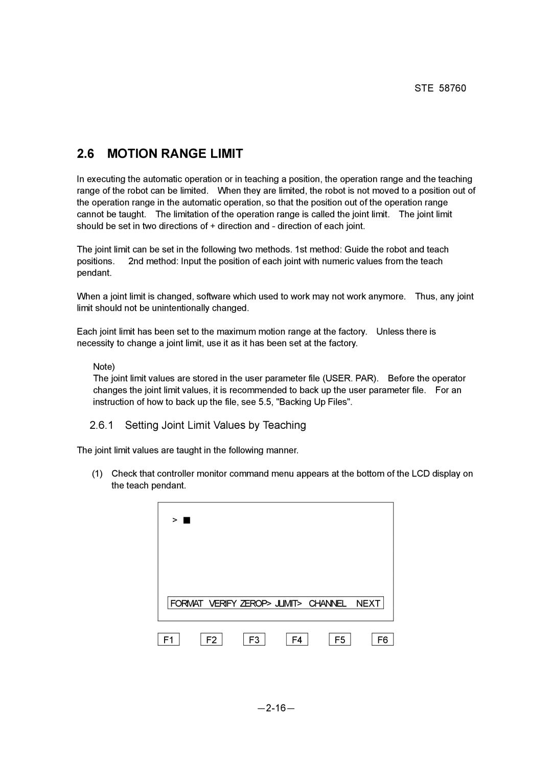 Toshiba STE 58760 Motion Range Limit, Setting Joint Limit Values by Teaching, Format Verify Zerop Jlimit Channel Next 