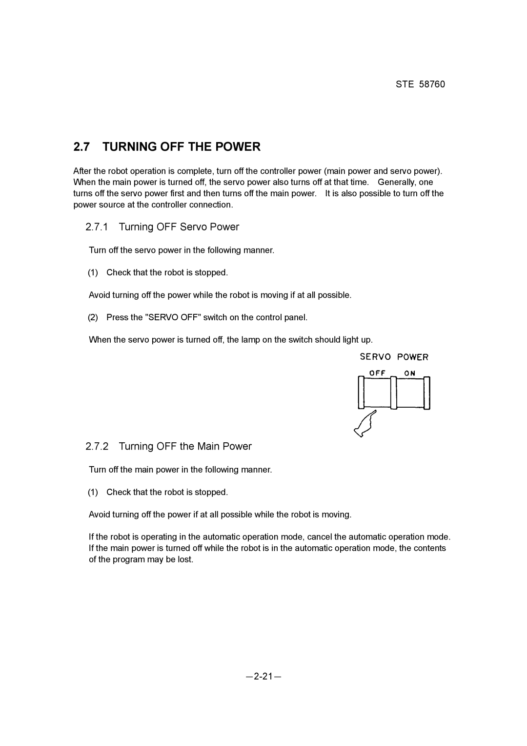 Toshiba STE 58760 instruction manual Turning OFF the Power, Turning OFF Servo Power, Turning OFF the Main Power 