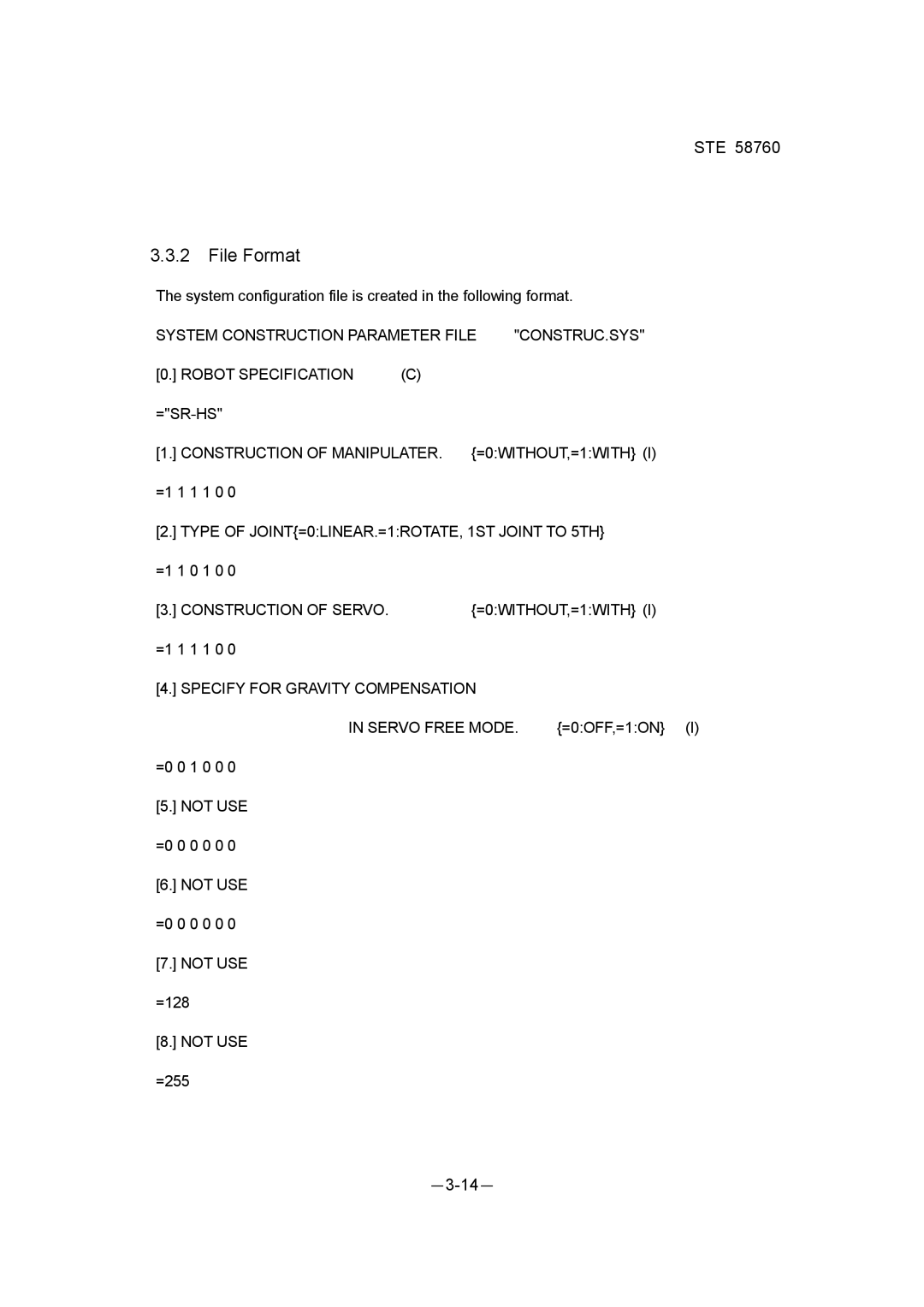 Toshiba STE 58760 instruction manual File Format, Construction of MANIPULATER. =0WITHOUT,=1WITH, Construction of Servo 