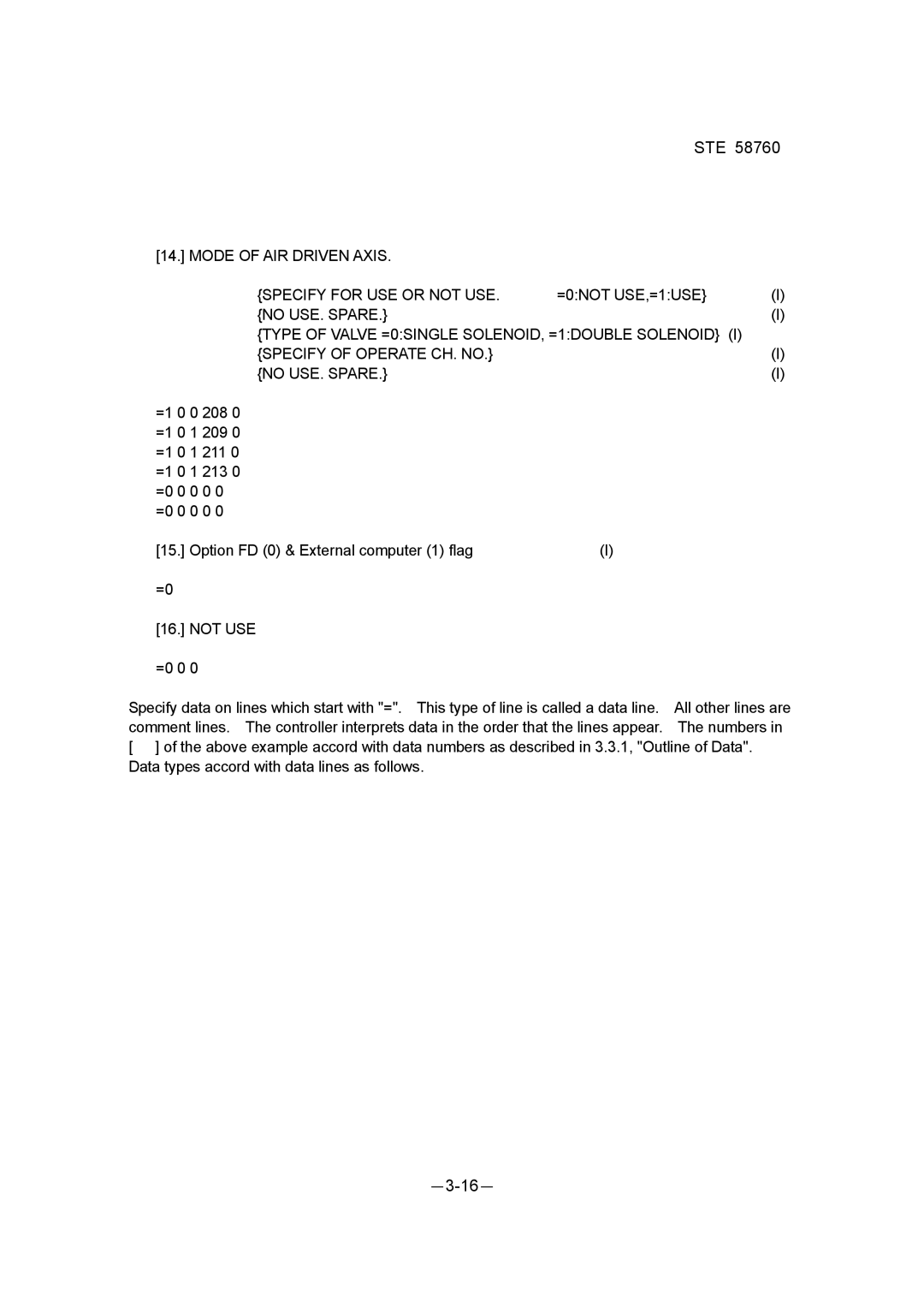 Toshiba STE 58760 instruction manual Mode of AIR Driven Axis Specify for USE or not USE 