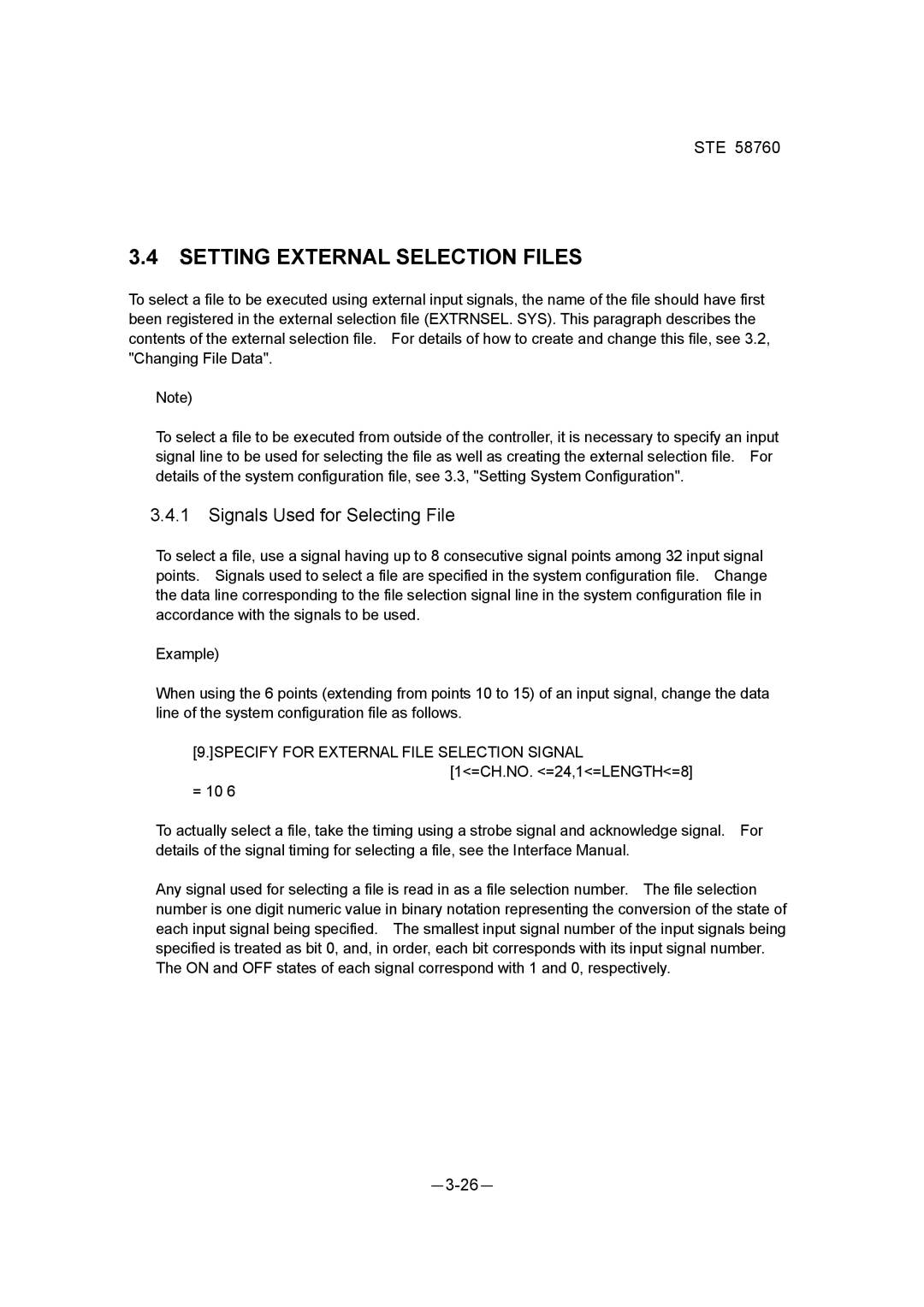 Toshiba STE 58760 instruction manual Setting External Selection Files, Signals Used for Selecting File 