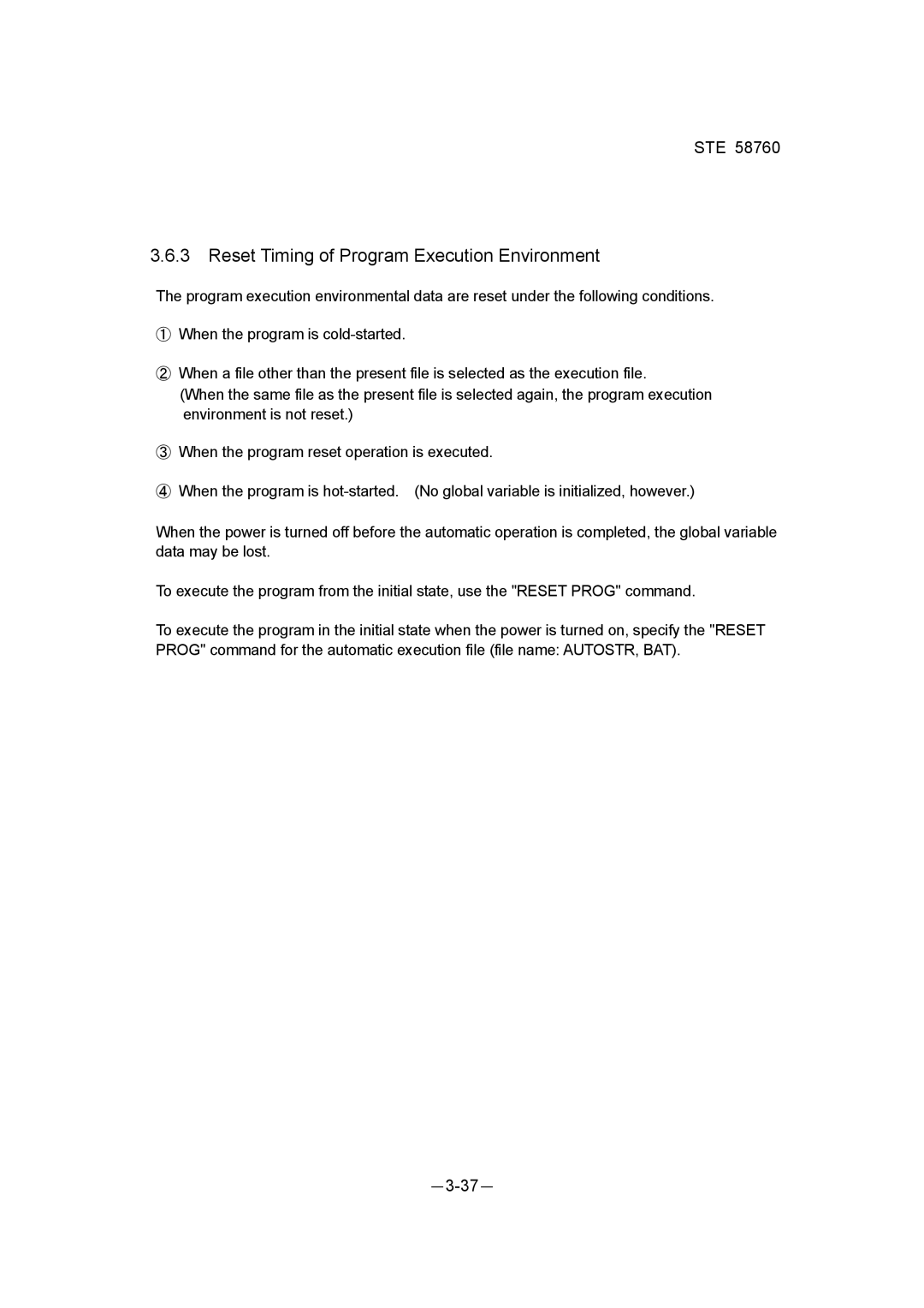 Toshiba STE 58760 instruction manual Reset Timing of Program Execution Environment 