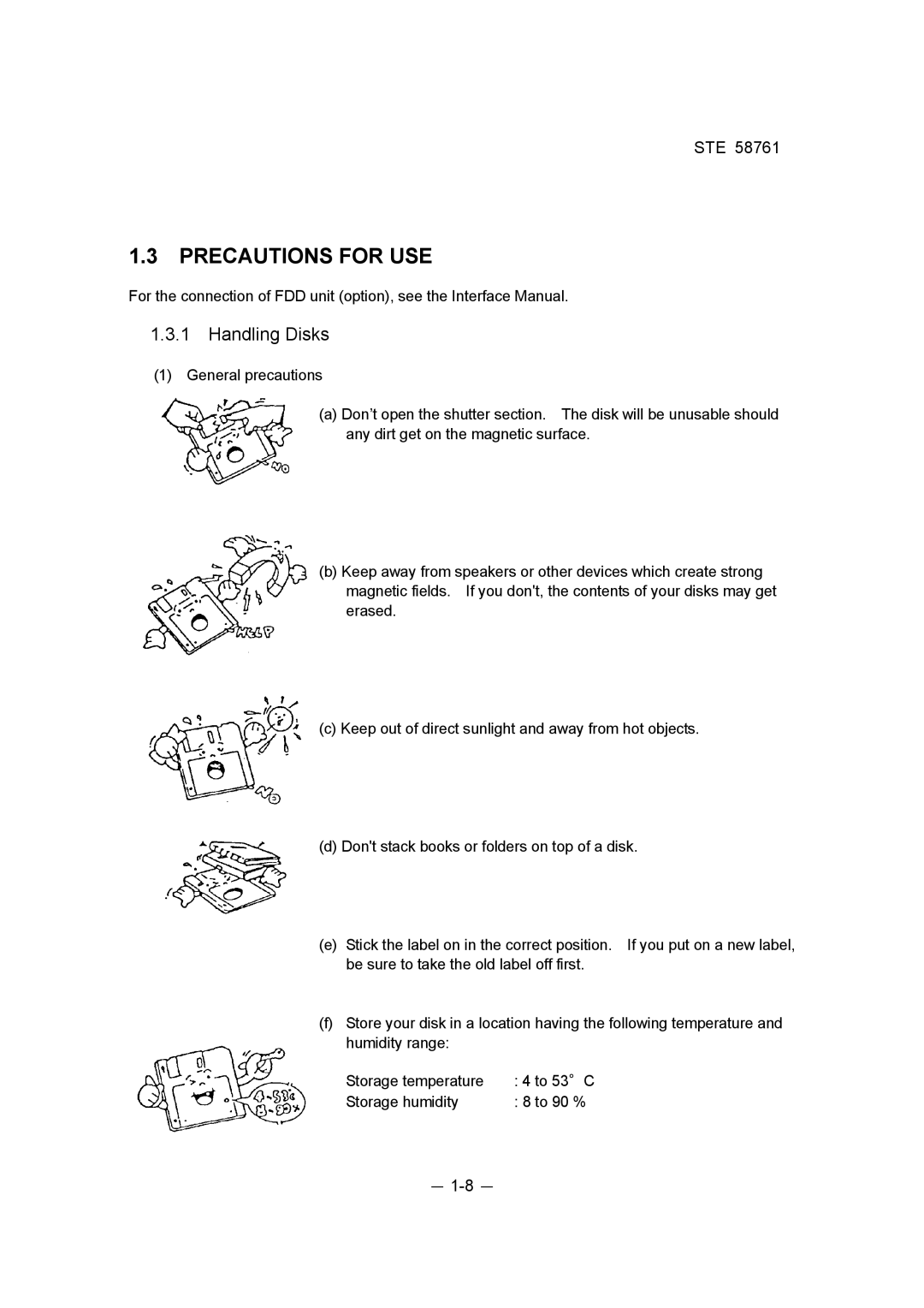 Toshiba ste 58761 instruction manual Precautions for USE, Handling Disks 