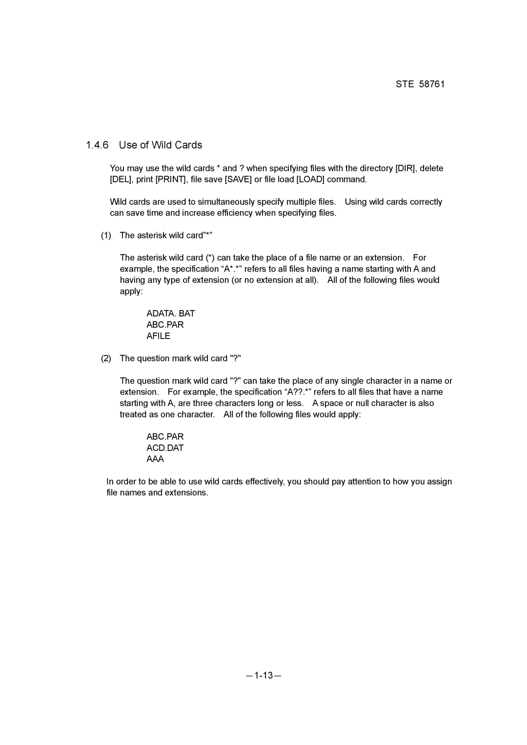 Toshiba ste 58761 instruction manual Use of Wild Cards, ADATA. BAT ABC.PAR Afile, Abc.Par Acd.Dat Aaa 