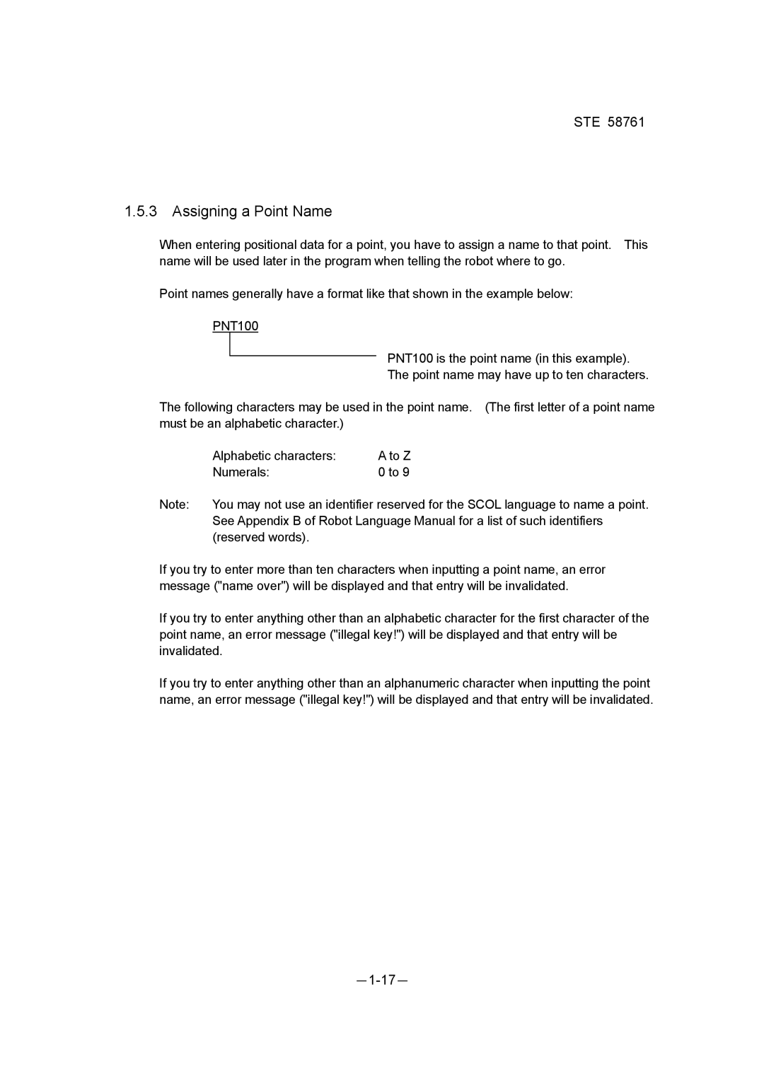 Toshiba ste 58761 instruction manual Assigning a Point Name 