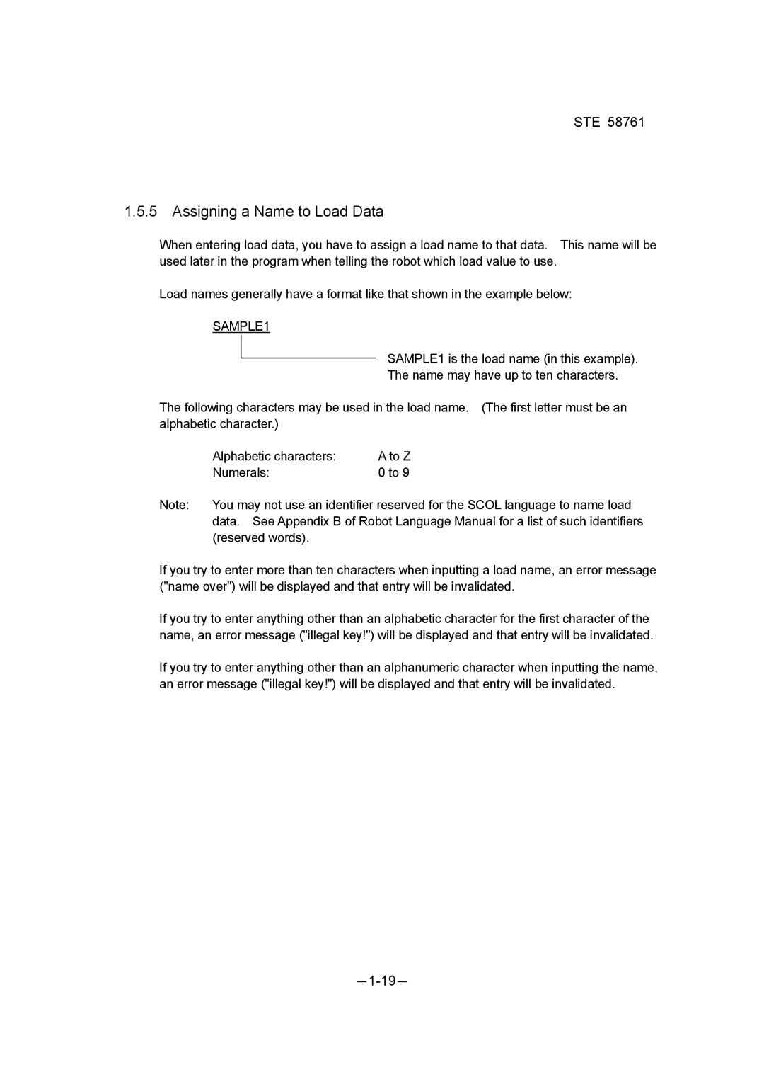 Toshiba ste 58761 instruction manual Assigning a Name to Load Data, SAMPLE1 