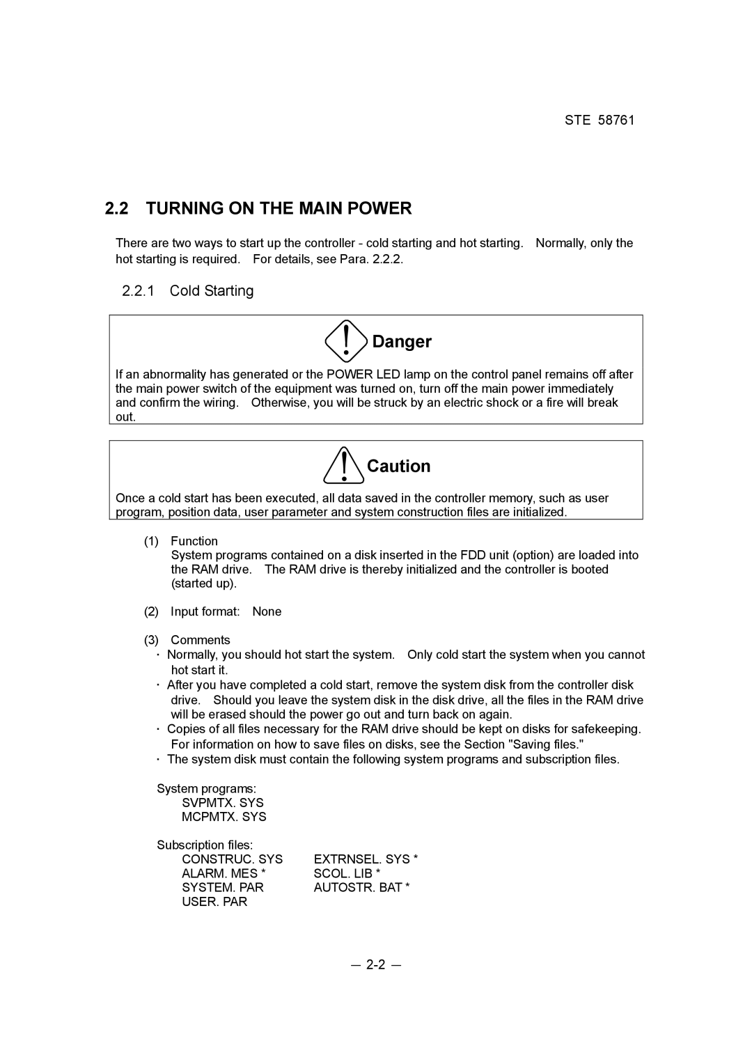 Toshiba ste 58761 instruction manual Turning on the Main Power, Cold Starting, Svpmtx. Sys Mcpmtx. Sys 