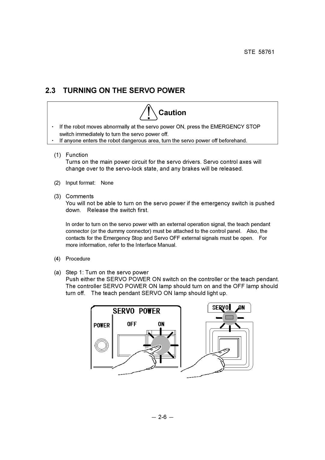 Toshiba ste 58761 instruction manual Turning on the Servo Power 