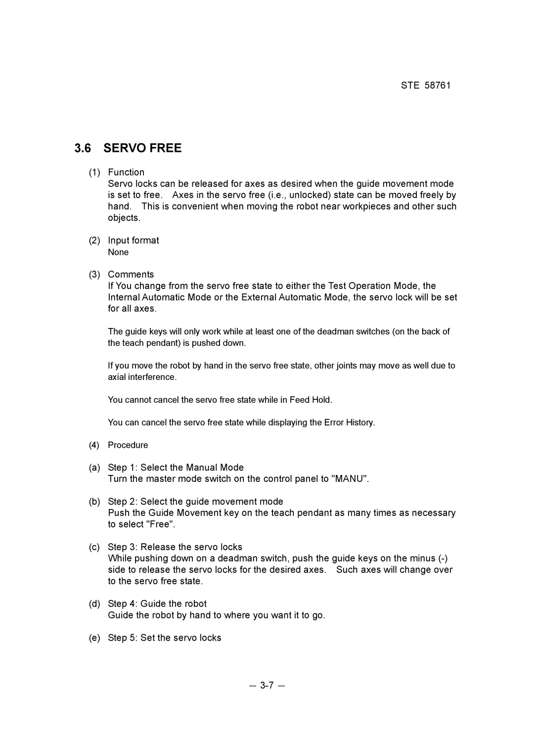 Toshiba ste 58761 instruction manual Servo Free 