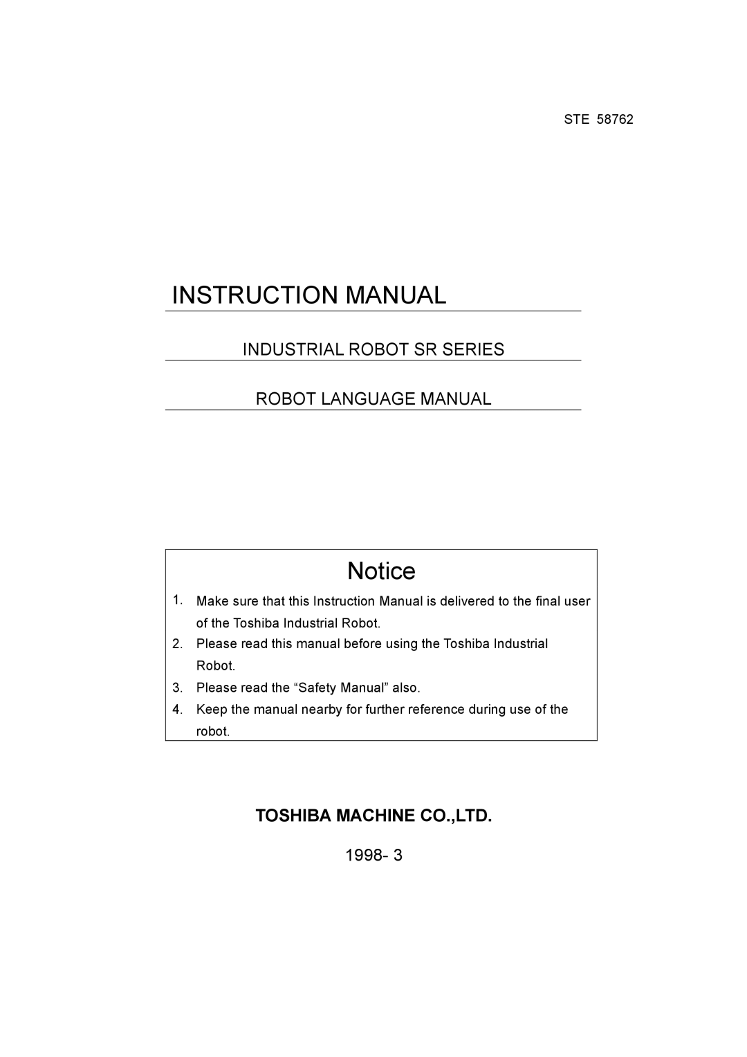 Toshiba STE 58762 instruction manual Industrial Robot SR Series Robot Language Manual, Ste 