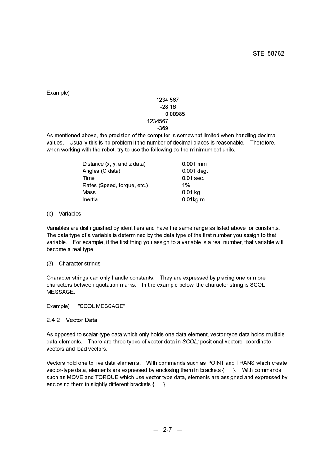 Toshiba STE 58762 instruction manual Vector Data, － 2-7 － 