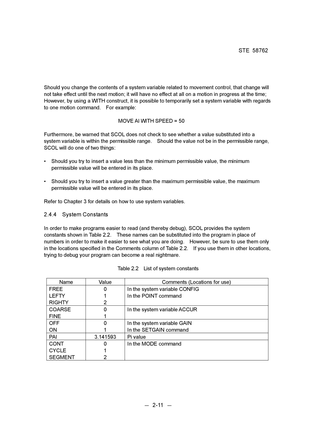 Toshiba STE 58762 instruction manual System Constants, － 2-11 － 