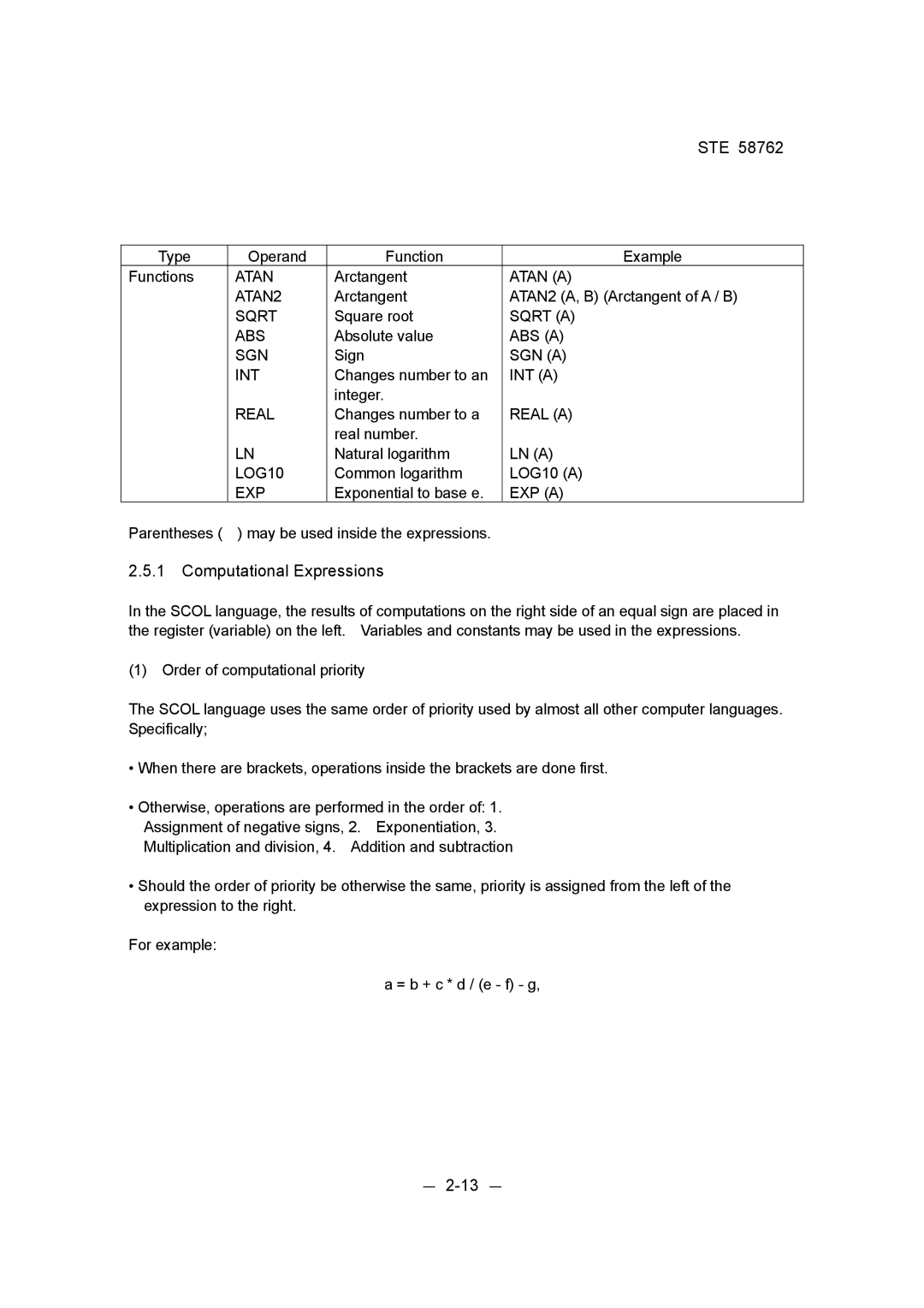 Toshiba STE 58762 instruction manual Computational Expressions, － 2-13 － 