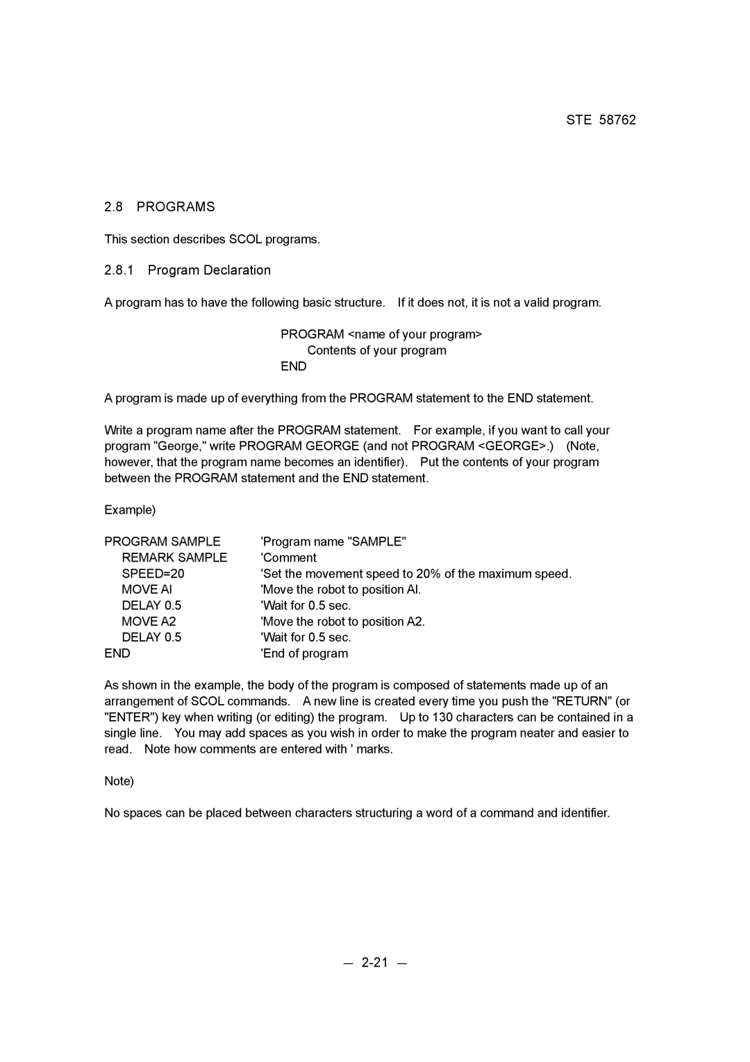 Toshiba STE 58762 instruction manual Programs, Program Declaration, － 2-21 － 