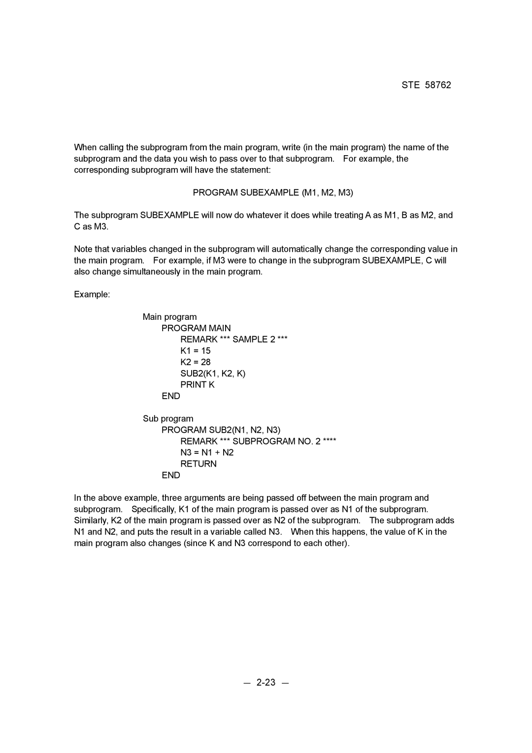 Toshiba STE 58762 instruction manual － 2-23 －, Program Subexample M1, M2, M3, Program Main Remark *** Sample, Print K END 