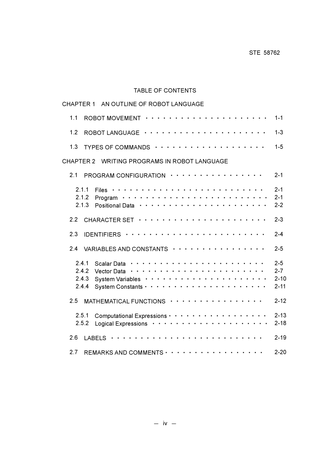 Toshiba STE 58762 Table of Contents AN Outline of Robot Language, Variables and Constants ・・・・・・・・・・・・・・・・ 