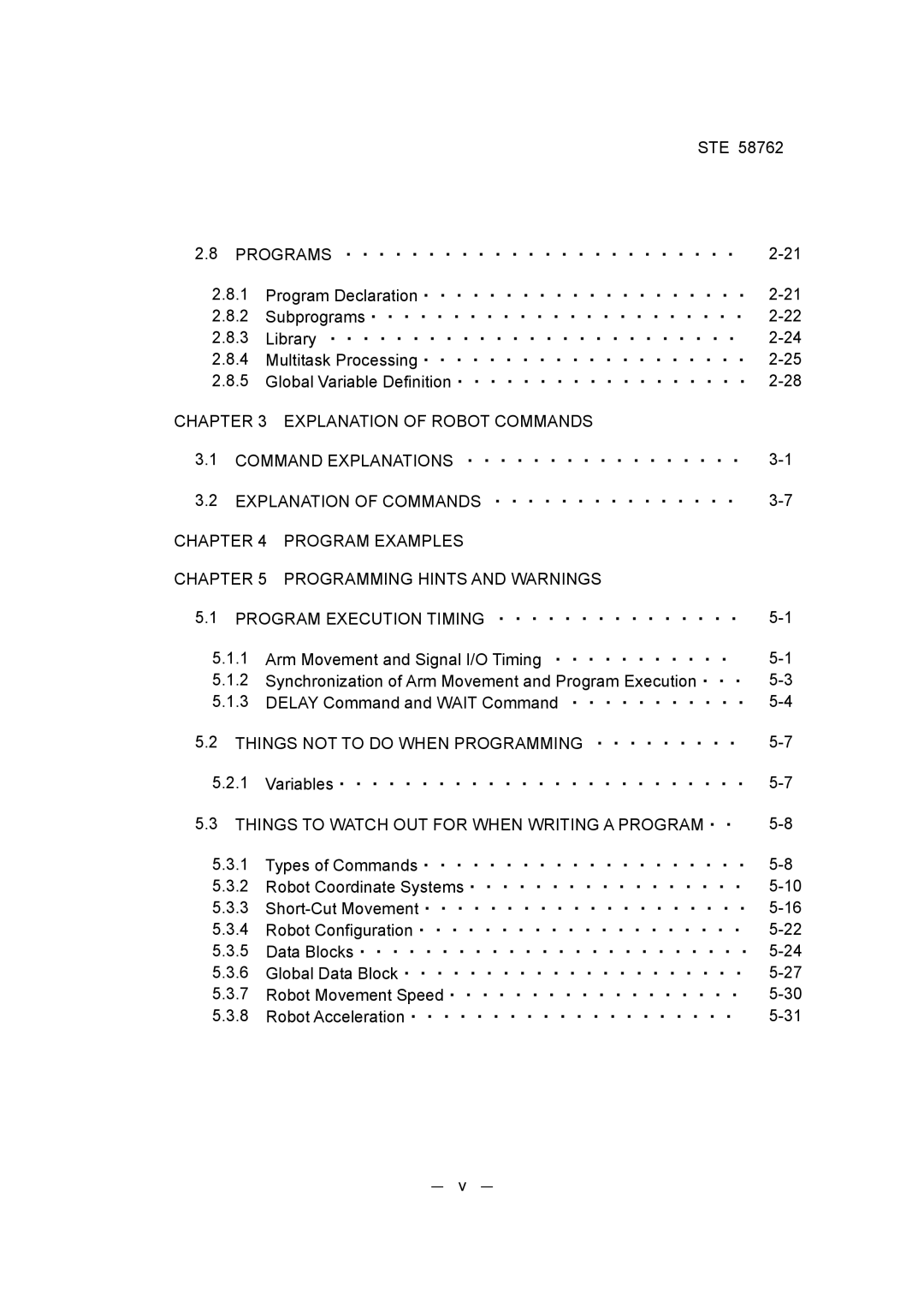 Toshiba STE 58762 instruction manual Explanation of Robot Commands, Program Examples Programming Hints and Warnings 