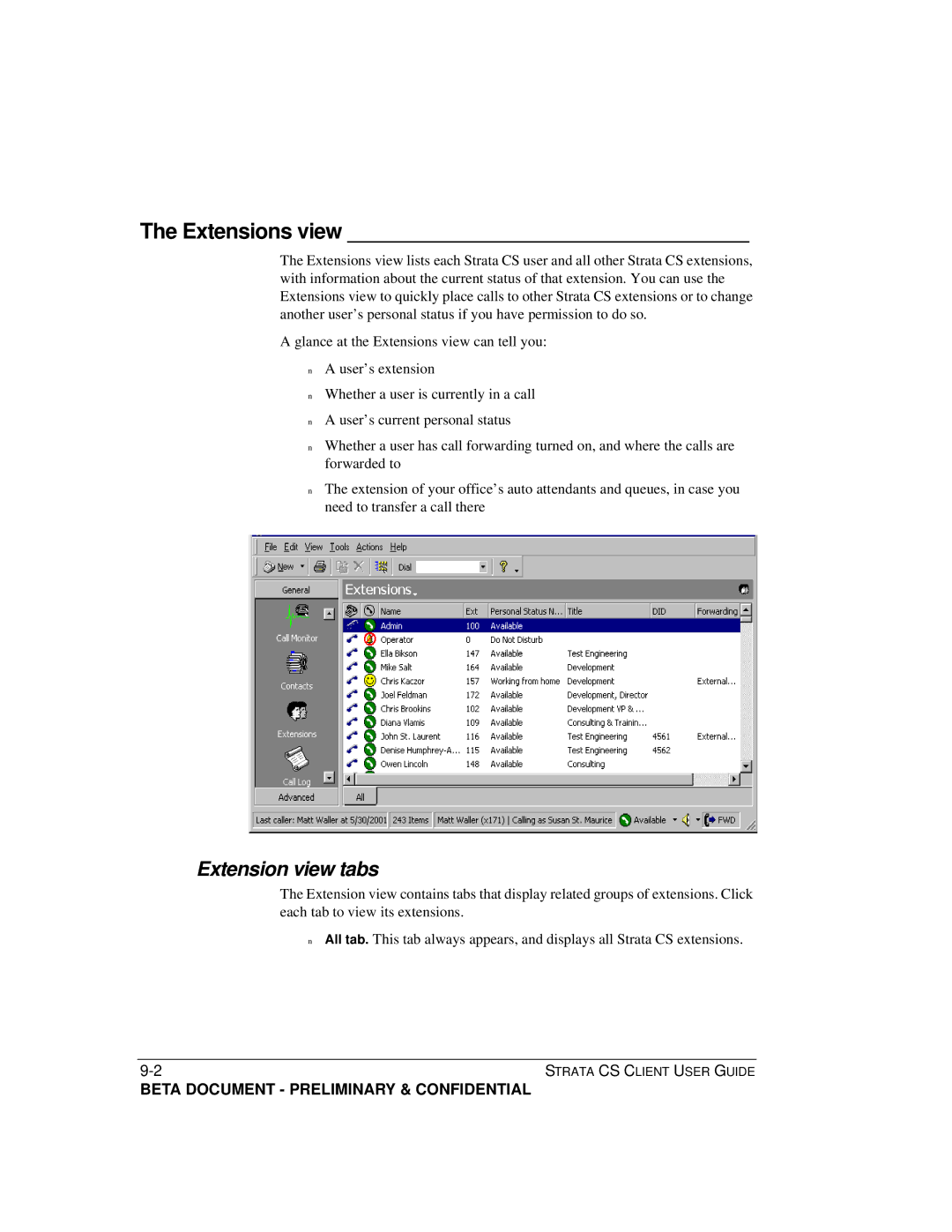 Toshiba Strata CS manual Extensions view, Extension view tabs 