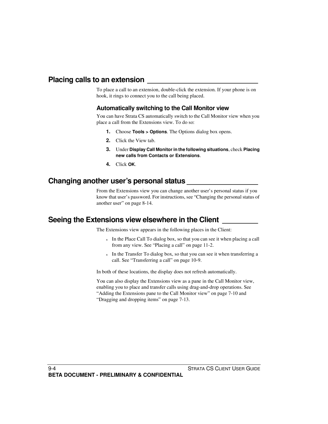 Toshiba Strata CS manual Placing calls to an extension, Changing another user’s personal status 