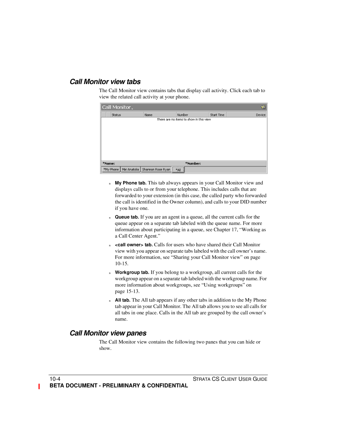 Toshiba Strata CS manual Call Monitor view tabs, Call Monitor view panes 