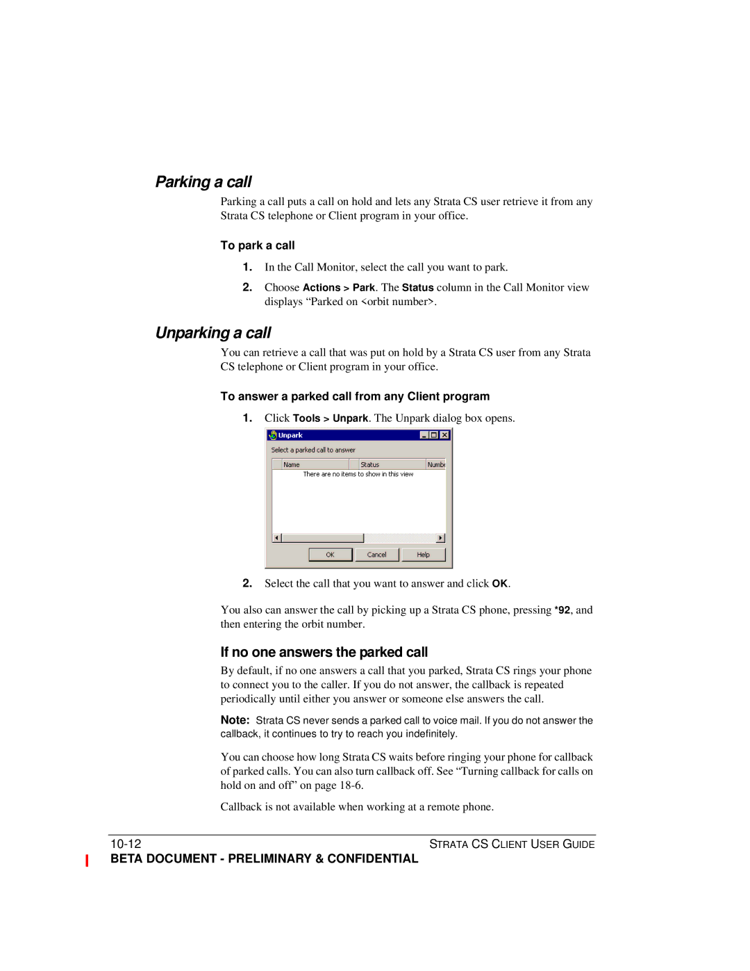 Toshiba Strata CS manual If no one answers the parked call, To park a call, To answer a parked call from any Client program 