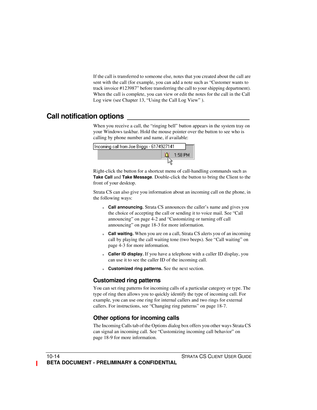 Toshiba Strata CS manual Call notification options, Customized ring patterns, Other options for incoming calls 