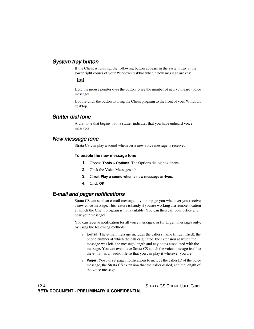 Toshiba Strata CS manual System tray button, Stutter dial tone, New message tone, Mail and pager notifications 