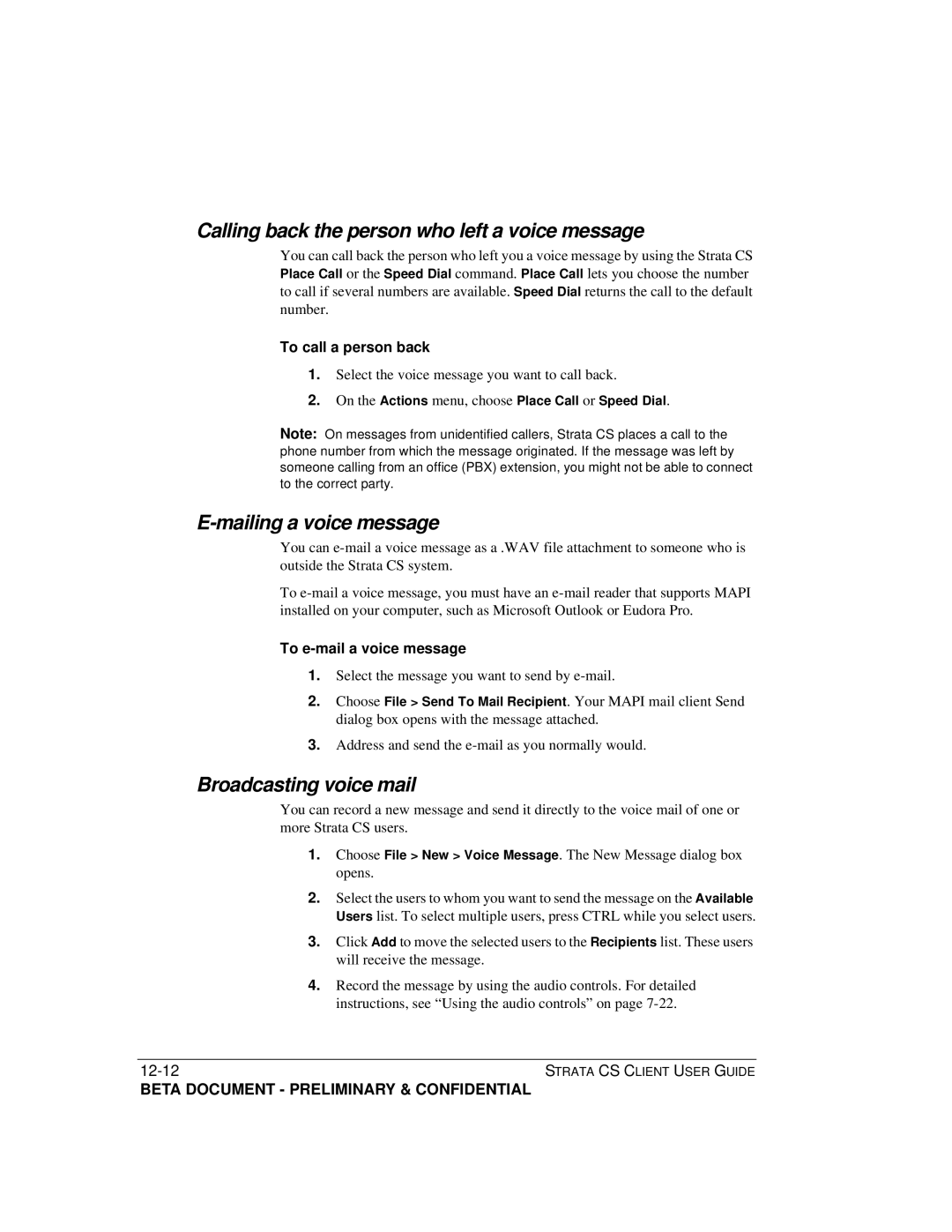 Toshiba Strata CS manual Calling back the person who left a voice message, Mailing a voice message, Broadcasting voice mail 