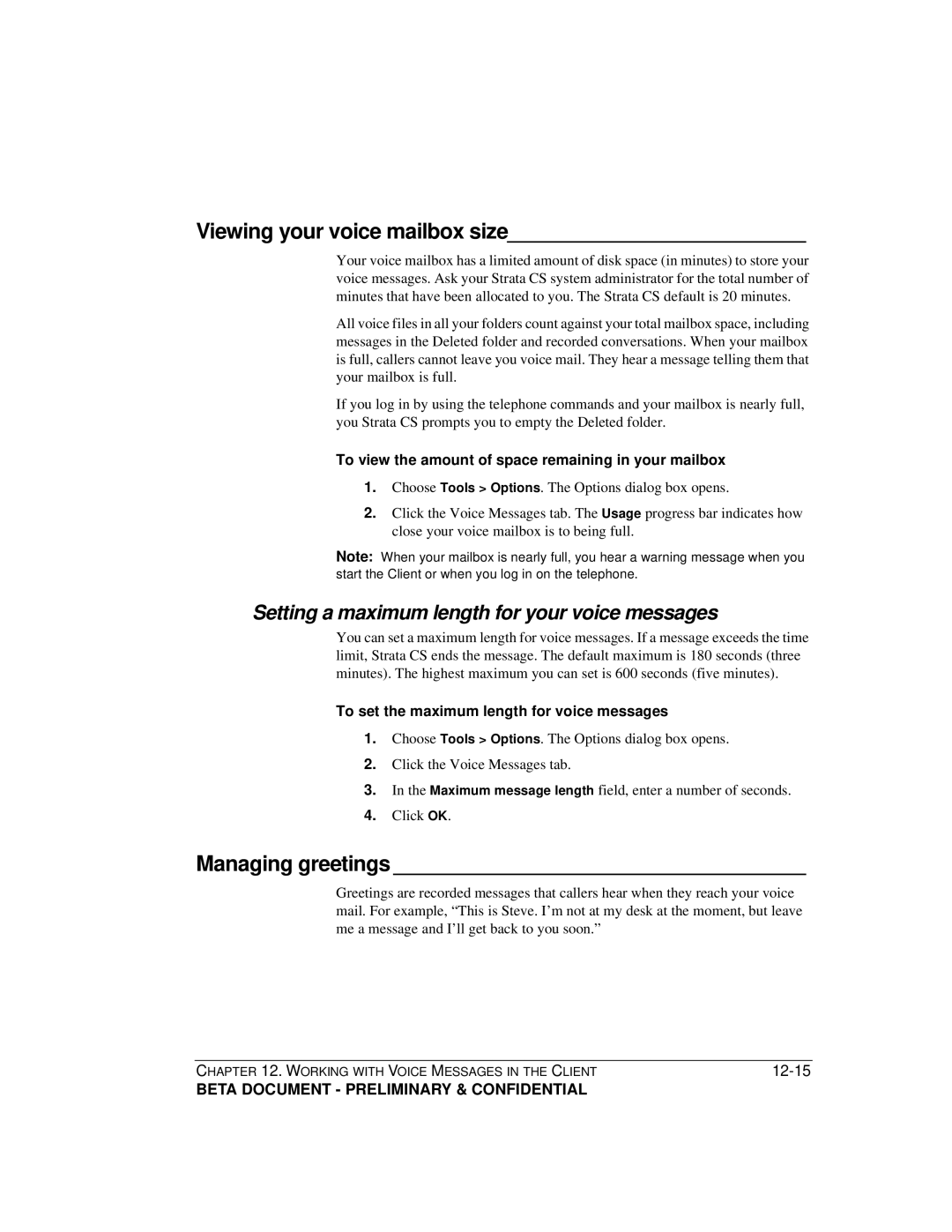 Toshiba Strata CS Viewing your voice mailbox size, Managing greetings, Setting a maximum length for your voice messages 