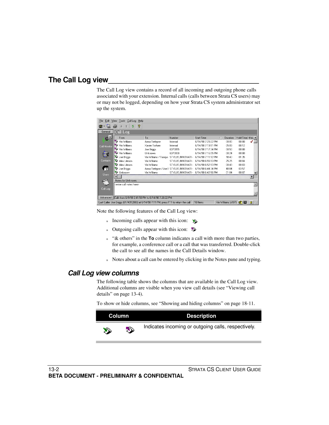 Toshiba Strata CS manual Call Log view columns 