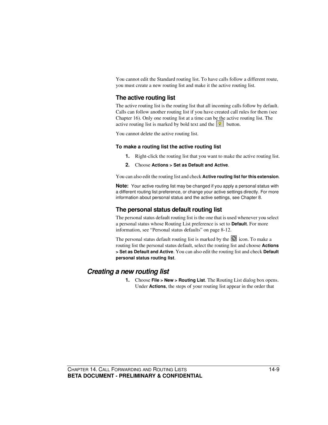 Toshiba Strata CS manual Creating a new routing list, Active routing list, Personal status default routing list 