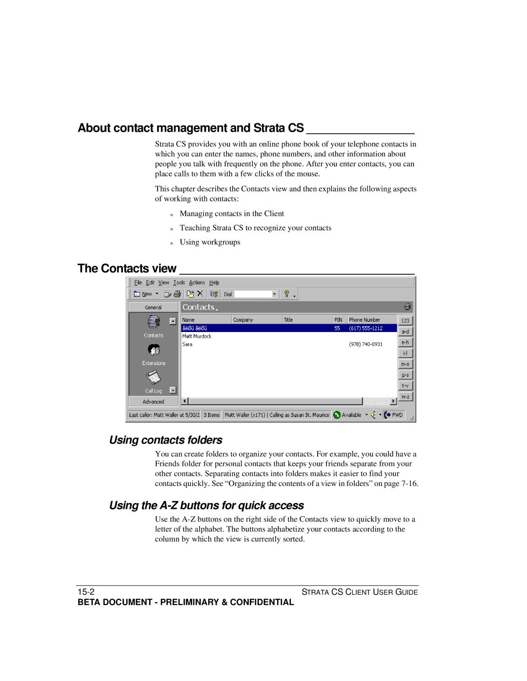 Toshiba manual About contact management and Strata CS, Contacts view, Using contacts folders 