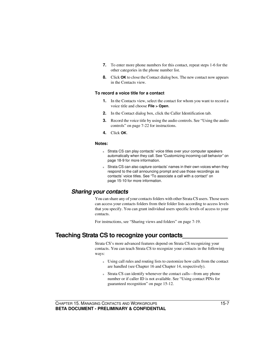 Toshiba Teaching Strata CS to recognize your contacts, Sharing your contacts, To record a voice title for a contact 