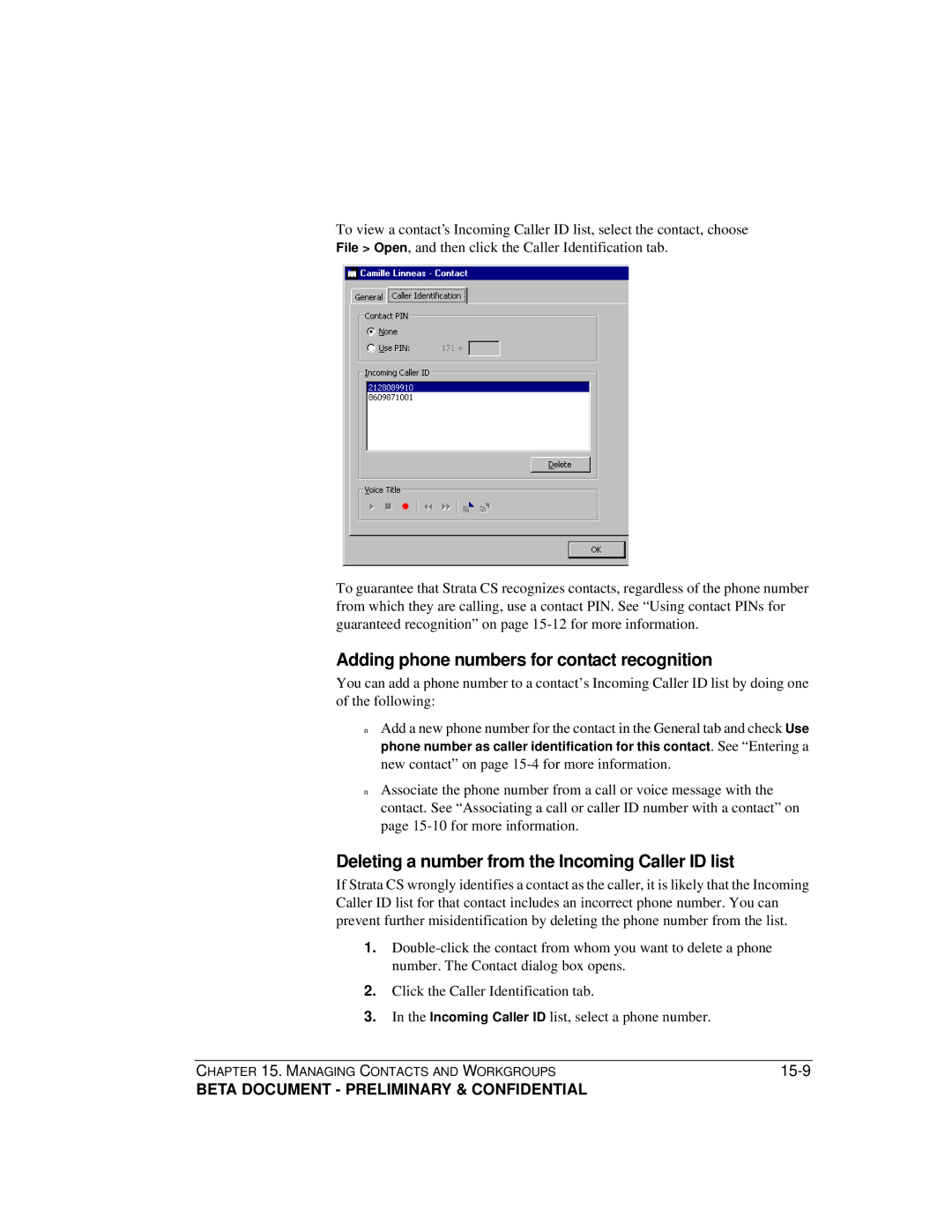 Toshiba Strata CS manual Adding phone numbers for contact recognition, Deleting a number from the Incoming Caller ID list 